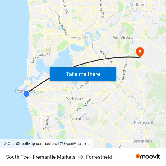 South Tce - Fremantle Markets to Forrestfield map