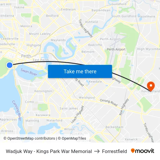 Wadjuk Way - Kings Park War Memorial to Forrestfield map
