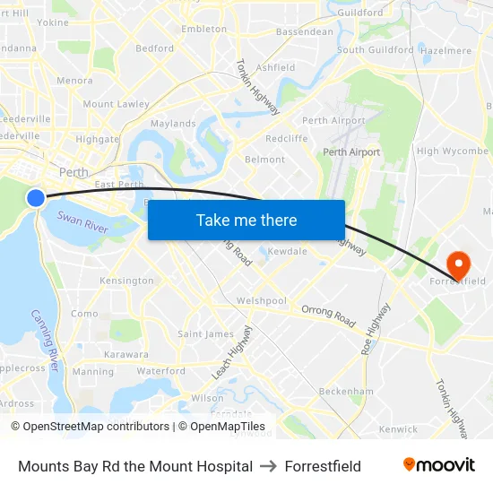Mounts Bay Rd the Mount Hospital to Forrestfield map