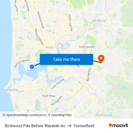 Birdwood Pde Before Waratah Av to Forrestfield map