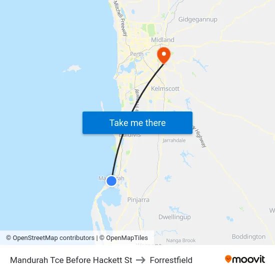 Mandurah Tce Before Hackett St to Forrestfield map