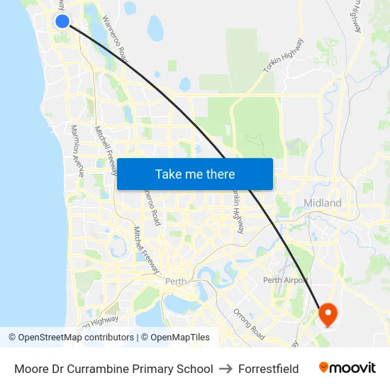 Moore Dr Currambine Primary School to Forrestfield map