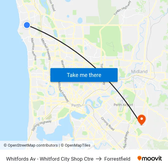 Whitfords Av - Whitford City Shop Ctre to Forrestfield map