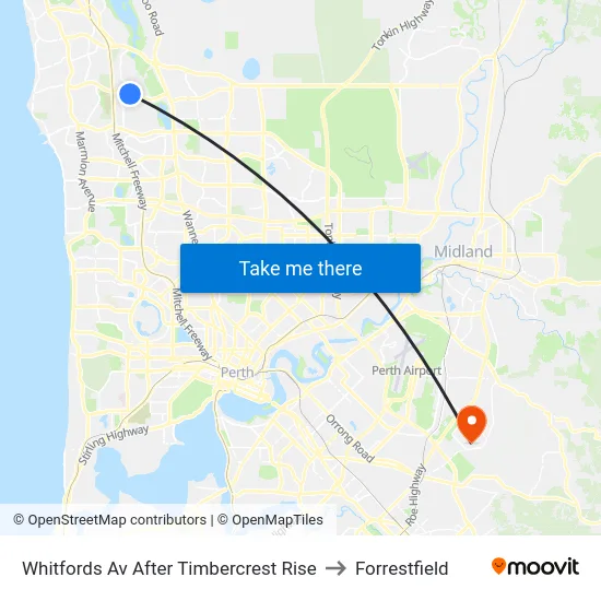 Whitfords Av After Timbercrest Rise to Forrestfield map