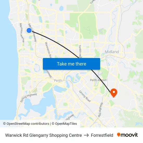Warwick Rd Glengarry Shopping Centre to Forrestfield map