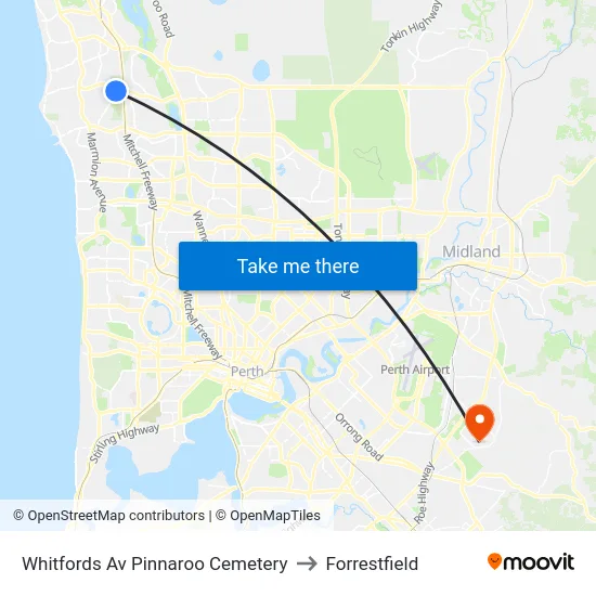 Whitfords Av Pinnaroo Cemetery to Forrestfield map