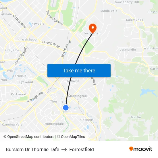 Burslem Dr Thornlie Tafe to Forrestfield map