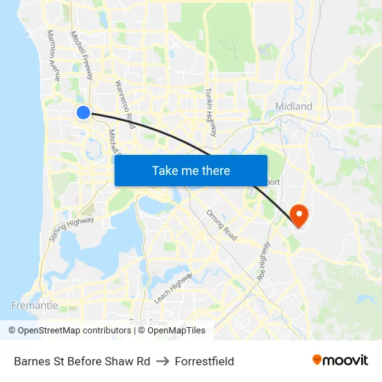 Barnes St Before Shaw Rd to Forrestfield map