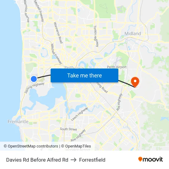 Davies Rd Before Alfred Rd to Forrestfield map
