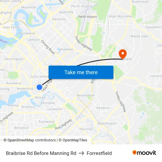 Braibrise Rd Before Manning Rd to Forrestfield map