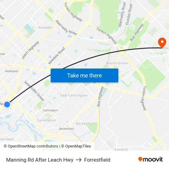 Manning Rd After Leach Hwy to Forrestfield map