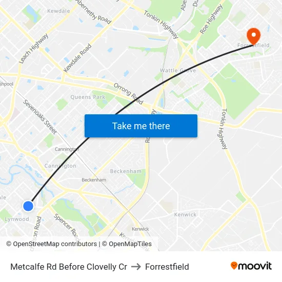 Metcalfe Rd Before Clovelly Cr to Forrestfield map
