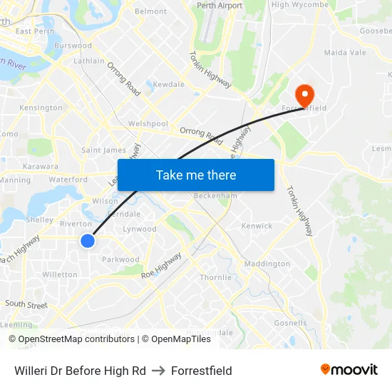 Willeri Dr Before High Rd to Forrestfield map