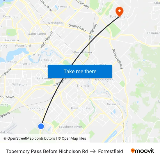 Tobermory Pass Before Nicholson Rd to Forrestfield map