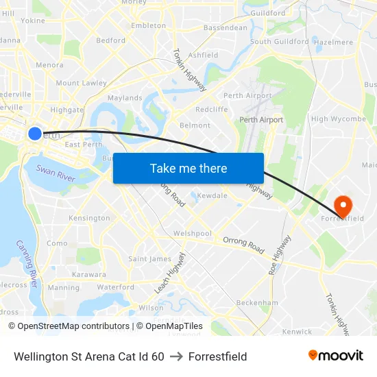 Wellington St Arena Cat Id 60 to Forrestfield map