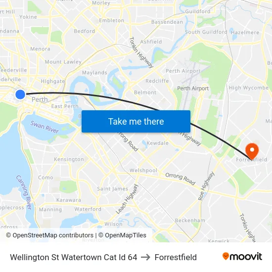 Wellington St Watertown Cat Id 64 to Forrestfield map