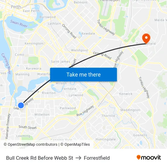 Bull Creek Rd Before Webb St to Forrestfield map