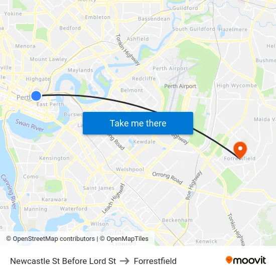 Newcastle St Before Lord St to Forrestfield map