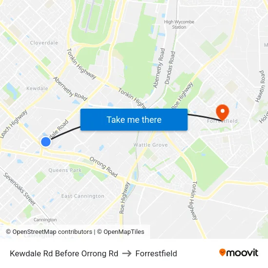 Kewdale Rd Before Orrong Rd to Forrestfield map