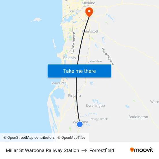 Millar St Waroona Railway Station to Forrestfield map