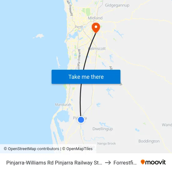 Pinjarra-Williams Rd Pinjarra Railway Station to Forrestfield map