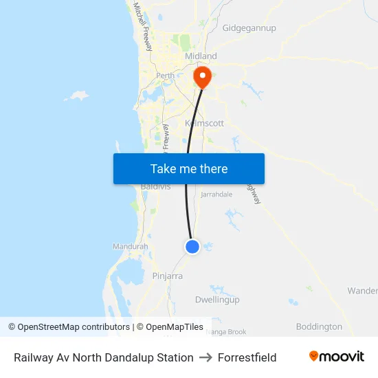 Railway Av North Dandalup Station to Forrestfield map
