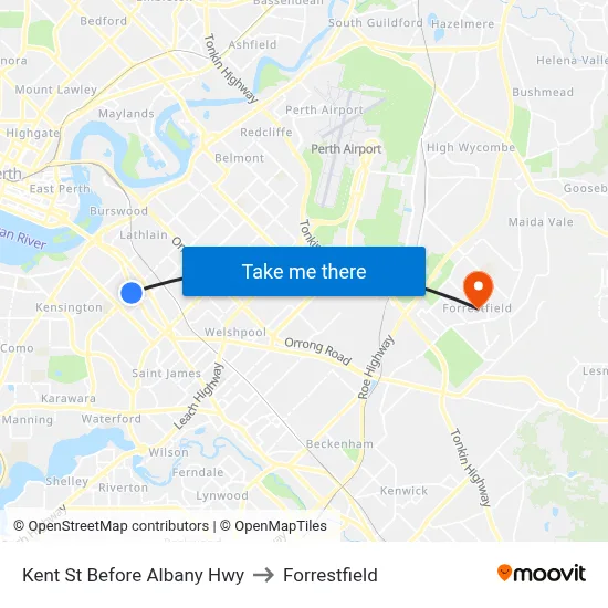 Kent St Before Albany Hwy to Forrestfield map