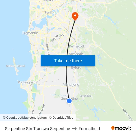 Serpentine Stn Transwa Serpentine to Forrestfield map