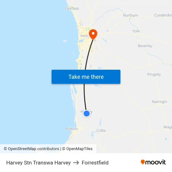 Harvey Stn Transwa Harvey to Forrestfield map