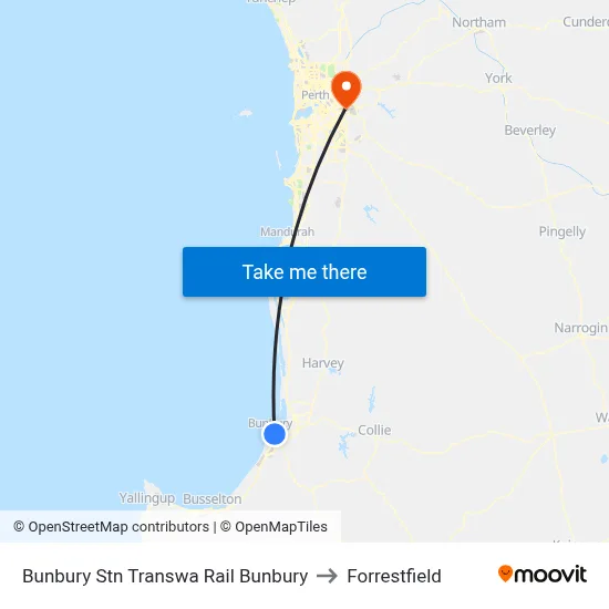 Bunbury Stn Transwa Rail Bunbury to Forrestfield map