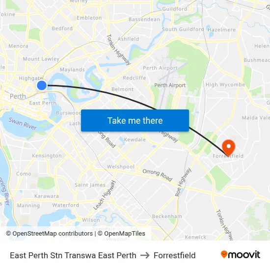 East Perth Stn Transwa East Perth to Forrestfield map