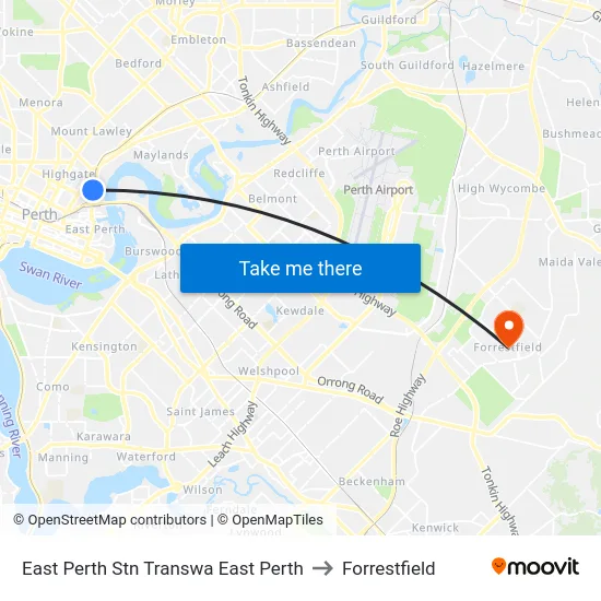 East Perth Stn Transwa East Perth to Forrestfield map