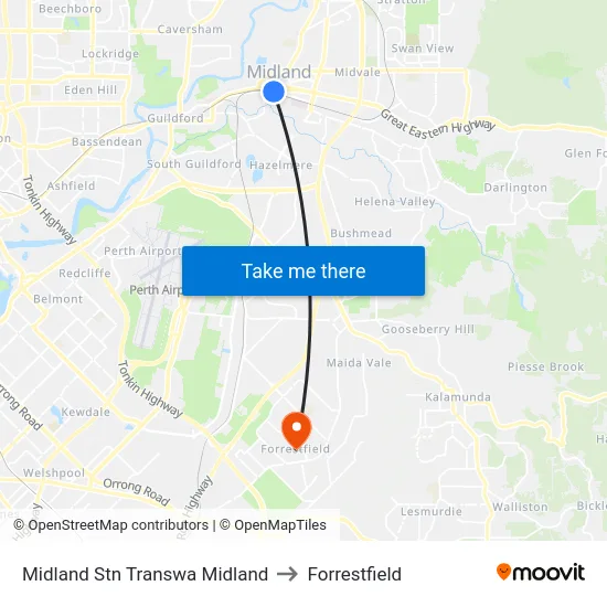 Midland Stn Transwa Midland to Forrestfield map
