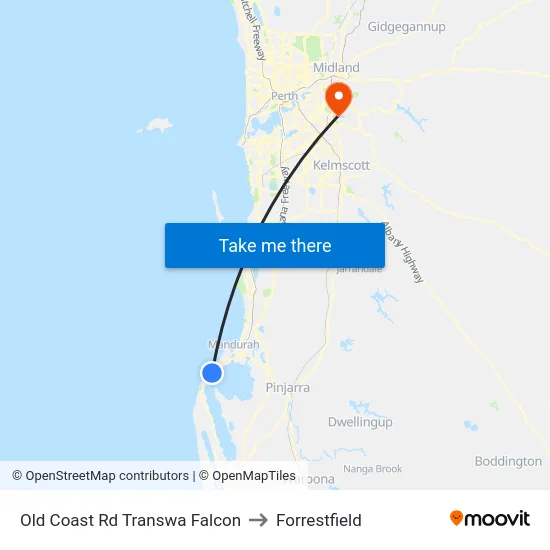Old Coast Rd Transwa Falcon to Forrestfield map