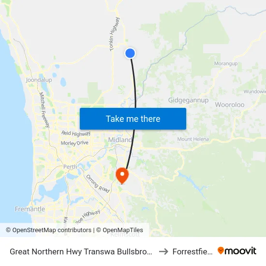 Great Northern Hwy Transwa Bullsbrook to Forrestfield map