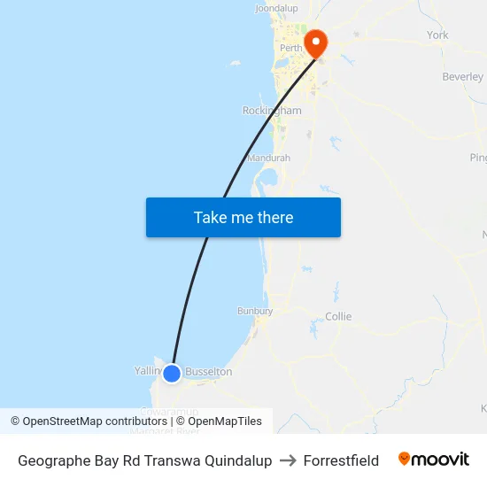 Geographe Bay Rd Transwa Quindalup to Forrestfield map