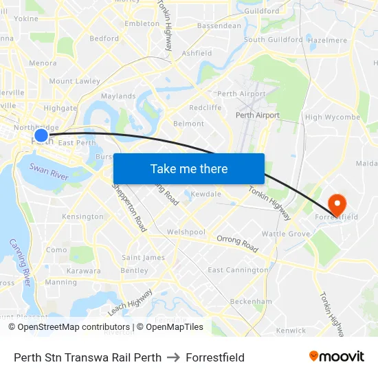 Perth Stn Transwa Rail Perth to Forrestfield map
