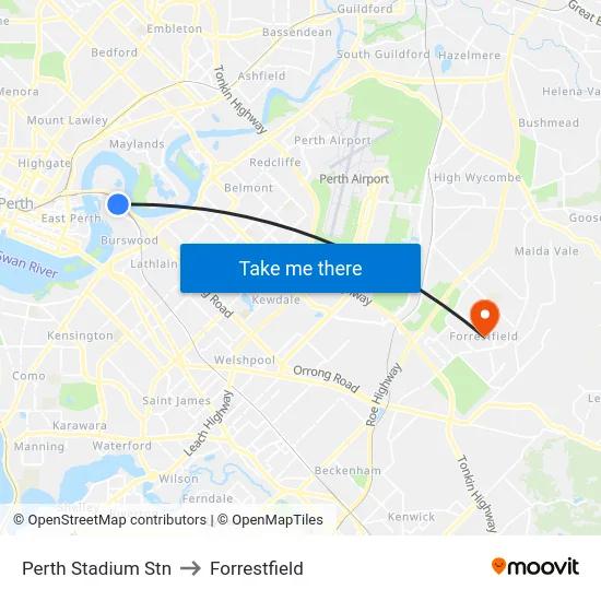 Perth Stadium Stn to Forrestfield map