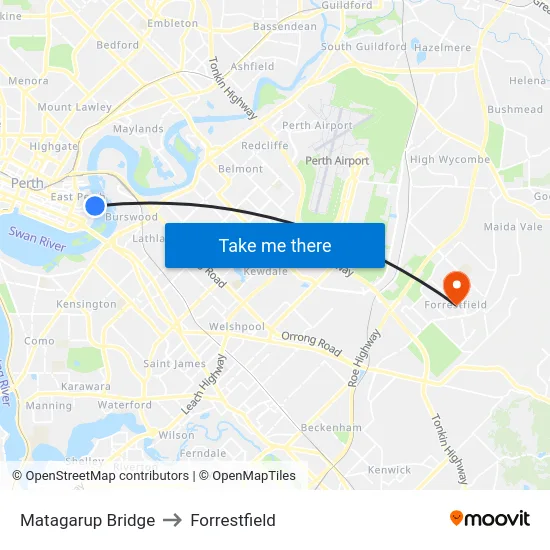 Matagarup Bridge to Forrestfield map