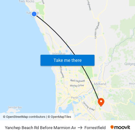 Yanchep Beach Rd Before Marmion Av to Forrestfield map