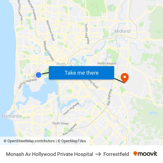 Monash Av Hollywood Private Hospital to Forrestfield map