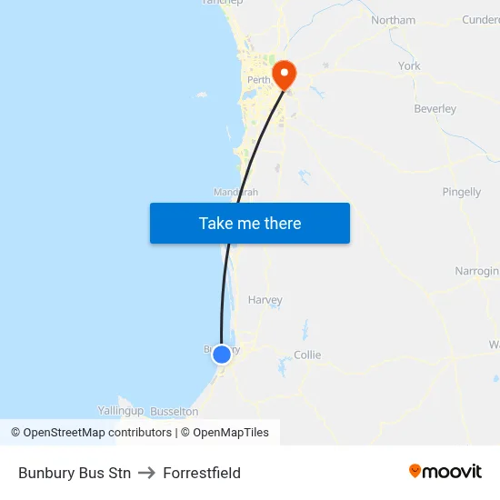 Bunbury Bus Stn to Forrestfield map