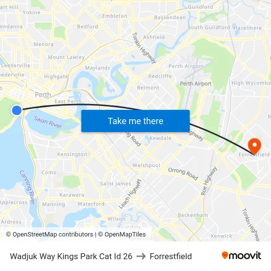 Wadjuk Way Kings Park Cat Id 26 to Forrestfield map