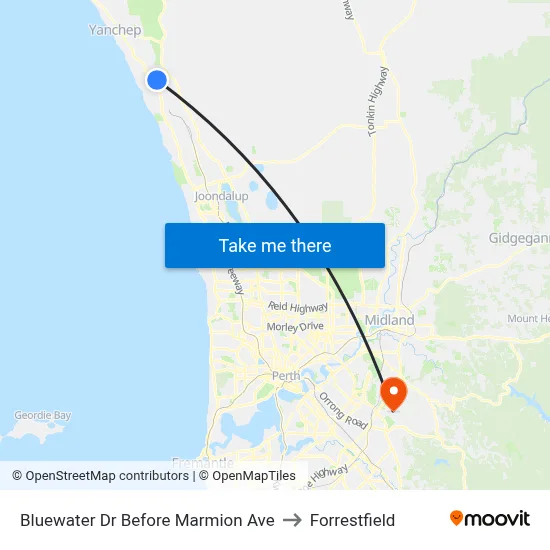 Bluewater Dr Before Marmion Ave to Forrestfield map