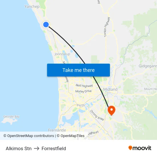 Alkimos Stn to Forrestfield map