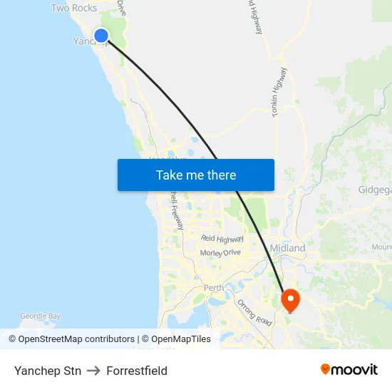 Yanchep Stn to Forrestfield map