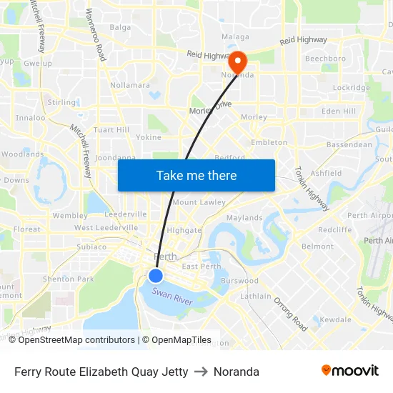 Ferry Route Elizabeth Quay Jetty to Noranda map