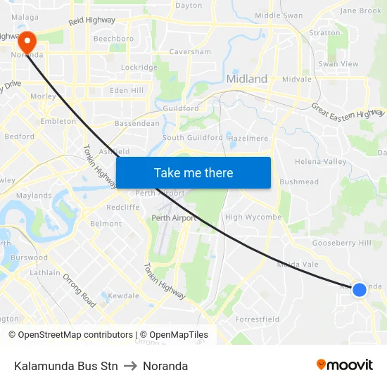 Kalamunda Bus Stn to Noranda map
