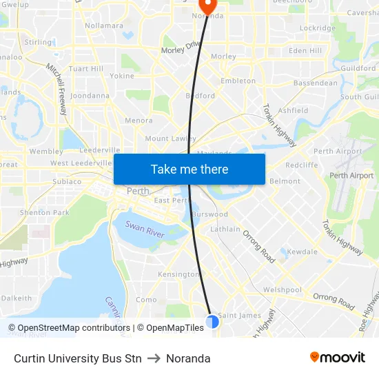 Curtin University Bus Stn to Noranda map