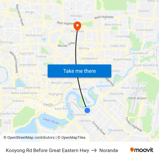 Kooyong Rd Before Great Eastern Hwy to Noranda map